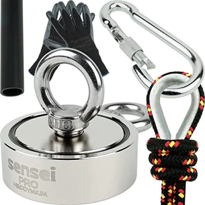 Afbeelding van SENSEI 250 kg, neodymium magneet N52 dubbelzijdig met 2 ogen, Ø 7,5 x H 2,5 cm, zeiltouw 25 m, beschermende handschoenen + accessoires