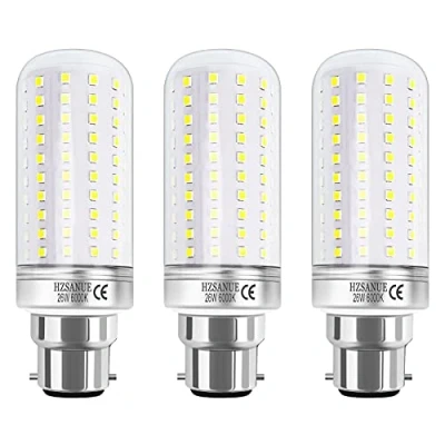 Afbeelding van HZSANUE led maïslampen, 26 W, B22 bajonetlampen, 6000 K, koudwit, 200 komt overeen met gloeilampen, 2900 lm, 3 stuks