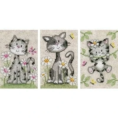 Afbeelding van Miniatuur kit Poezen met bloemen set van 3 borduren (pakket)