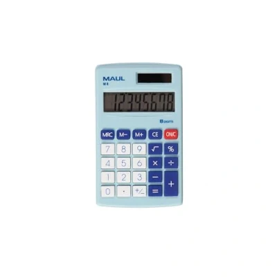 Image de MAUL Calculatrice de Poche M 8, avec Grand Affichage à 8 Chiffres, Fonctions Standard pour le Bureau, l&#039;université et l&#039;École, Alimentation Solaire Pile, Bleu
