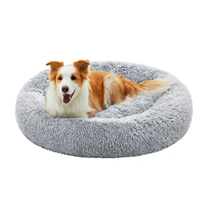 Afbeelding van Feandrea Zacht honden en kattenbed, donut kussen, wasbaar, uitneembare centrale vulling, lang pluche, 100 cm diameter, schaduw grijs PGW042G01