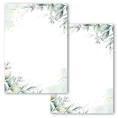 Afbeelding van Set van 20 blanco ansichtkaarten met motief om zelf te bedrukken, uitnodigingskaarten maken, aquarelgroen, 2 pagina&#039;s, uitnodiging verjaardag spelen