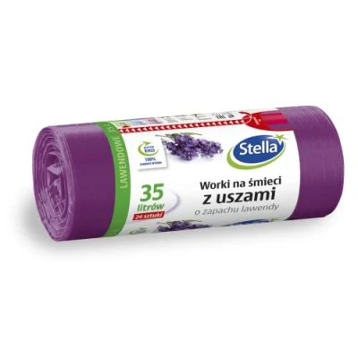 Afbeelding van STELLA 023561 vuilniszakken met handgrepen, 35 l, sterk, lavendelgeur, voor huishoudelijk afval en kantoor, van LDPE folie, gemaakt kleur: lavendel/paars, 24 stuks