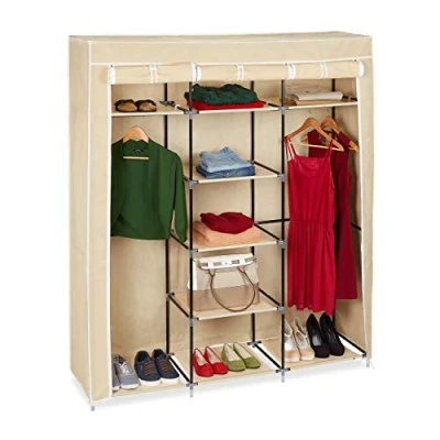 Afbeelding van Relaxdays Grote vouwkast Valentin, 9 vakken, kledingstang met planken (H x B D) 173 148 42,5 cm, beige