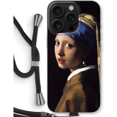 Afbeelding van Case Company® hoesje met Koord geschikt voor iPhone 16 Pro The Pearl Earring Telefoonhoesje Zwart Bescherming aan alle Kanten en Over de Schermrand