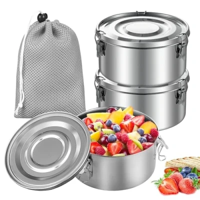 Afbeelding van Set van 3 roestvrijstalen lunchboxen 360 ml Lekvrij Roestvrij staal Met deksel Opbergdozen voor snacks, muesli, fruit, specerijen