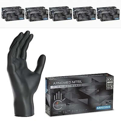 Afbeelding van ARNOMED nitril handschoenen, maat XXL, zwarte 1000 stuks (10 dozen), wegwerphandschoenen, poedervrij en latexvrij, zwart, maten S,