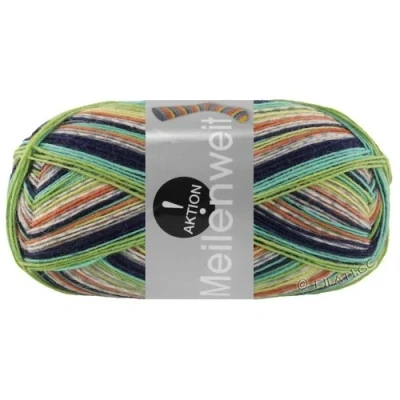 Afbeelding van Lana Grossa MEILENWEIT 100 g 4 keer tijdloze sokkenwol 420 m Kleur: 3009 Jade/geel/oranje/lichtgrijs/nachtblauw/geelgroen