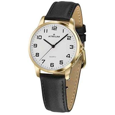 Afbeelding van ATRIUM Horloge Heren Goud Analoog Leer Zwart Lederen Bandje Verstelbaar Duidelijk Quartz uurwerk Edelstalen sluiting A36 20