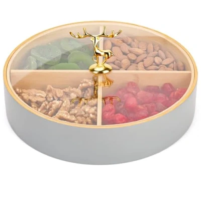Afbeelding van BELLE VOUS Grey Round Wooden Box with 4 Compartments and Acrylic Lid