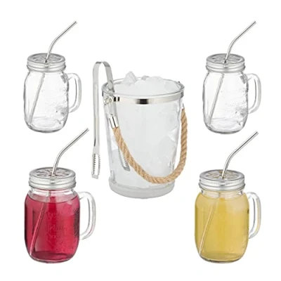 Afbeelding van Relaxdays 4 drinkglazen met rietje en deksel glazen ijsemmer tang limonadeglazen