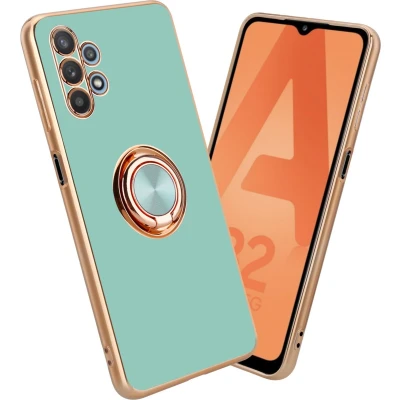 Afbeelding van Cadorabo Hoesje geschikt voor Samsung Galaxy A32 5G in Glossy Turquoise Goud met ring Beschermhoes van flexibel TPU silicone Case Cover camerabescherming en magnetische autohouder