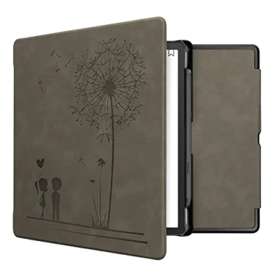Afbeelding van kwmobile e reader hoesje geschikt voor Amazon Kindle Scribe hoes Ereader flip case met standaard Kunstleren cover Paardenbloemen Liefde design in grijs