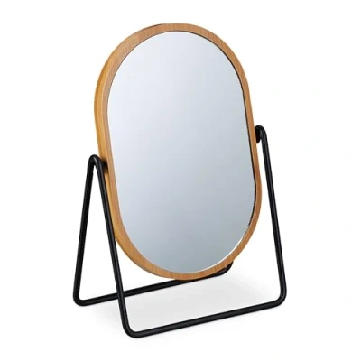 Afbeelding van Relaxdays make up spiegel 18 x 12 cm draaibaar bamboe kaptafel natuur zwart