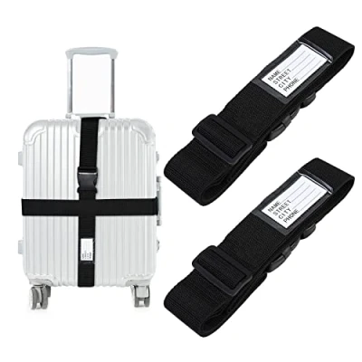 Afbeelding van AiQInu kofferriem, 2 stuks, verstelbare kofferband, riem met naambordjes en adres, bagageriem, voor koffer, rugzak, reisaccessoires