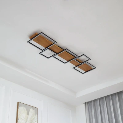 Afbeelding van Lindby LED plafondlamp Galad, zwart, hout, 5 lamps, 140 cm