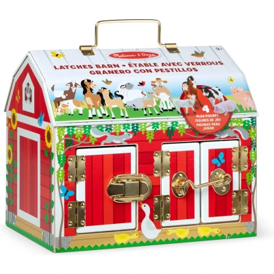 Afbeelding van Melissa &amp; Doug vergrendelt houten activiteitenschuur met 5 deuren en 4 speelfiguren van boerderijdieren