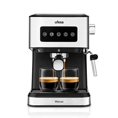 Afbeelding van Ufesa Monza Espresso en cappuccino koffiezetapparaat, 20 bar, digitaal touchscreen, draaibare stoom, gemalen koffie of ESE met één dosis, tank van 1,5 l, bekerwarmer, 1050 W, roestvrij staal
