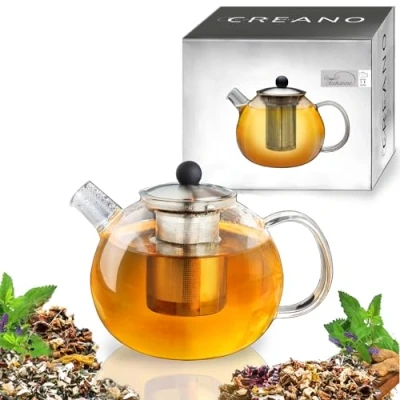 Afbeelding van Creano theepot met glazen infuser van 1 liter, roestvrijstalen zeef en deksel, ideaal voor het bereiden losse thee, druppelvrij
