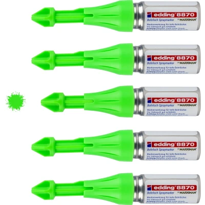 Afbeelding van edding 8870 deep hole spray marker by marxman markeringspen voor diepe gaten neongroen doos van 5 krijtspuit maakt markeren door boorgaten tot 50 mm diepte en 3 13 diameter mogelijk 250 markeringen per spuitbus