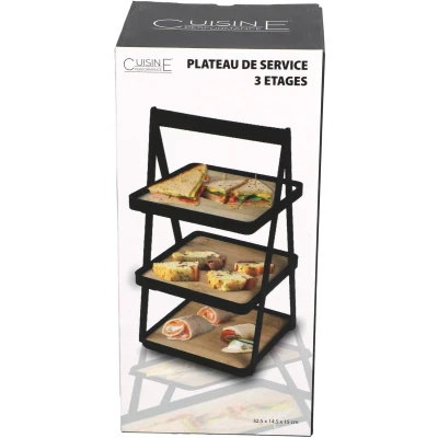 Afbeelding van Etagere 3 lagen Bamboe Metaal hoogte 32.5 cm Draagbaar High Tea Tapas Amuse Zwart