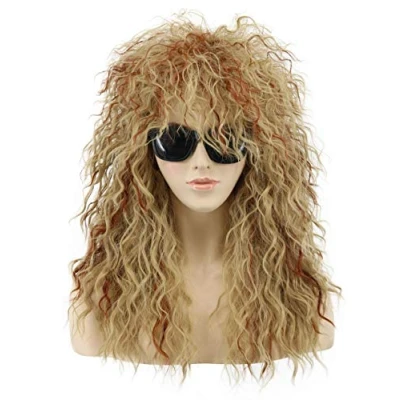 Afbeelding van VGbeaty Vokuhila Lange krullende pruik uit de jaren 70 en 80 voor dames, blond, gemengd, rood, punk rocker, Halloween pruik, kostuum,
