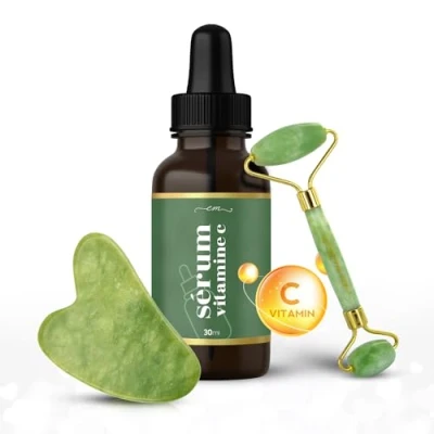 Afbeelding van Eco Masters Jade gua sha gezichtsmassage roller 100% pure steen Met serum van vitamine C en aloë vera