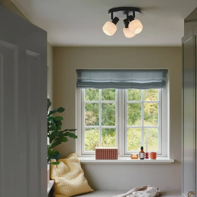 Afbeelding van Milford Mini plafondlamp, 3 lamps, zwart, geribbeld glas