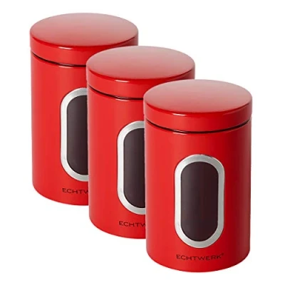 Afbeelding van ECHTWERK Set van 3 stijlvolle voorraaddozen, rood, metaal/ijzer, voor het bewaren meel, suiker, granen, thee, met luchtdicht deksel en groot venster, inhoud: 1,4 liter