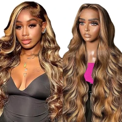 Afbeelding van Tuheerst Blonde Menselijk Haar Pruik Body Wave 4X4 P427 Highlight Zwitserse Kant 100% Onverwerkt Braziliaans Remy Pre Geplukt Natuurlijke Haarlijn met Baby Geen Smell voor Vrouwen 50 cm