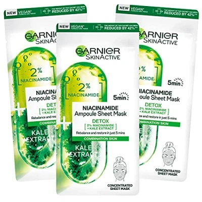 Afbeelding van 3 x Garnier SkinActive Niacinamide stoffen masker, reinigende detox ampul voor gecombineerde en vette huid, antioxiderende werking, wegwerpgezichtsmaskers