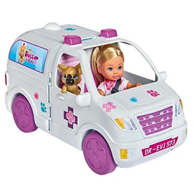 Afbeelding van Simba Evi Love dierenarts auto 2 in 1 mini pop 12 cm verzorgingshoek + kat en verzorgingshond veel accessoires inbegrepen 105733488002 wit