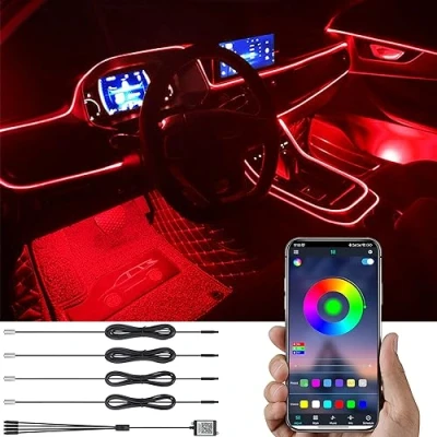 Afbeelding van TABEN Auto sfeerverlichting set, multicolor RGB muzieksynchronisatie 16 miljoen kleuren 4 meter USB glasvezel set actieve geluidsfunctie en draadloze app besturing Bluetooth 12V