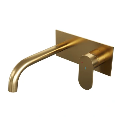 Afbeelding van Brauer Gold Edition Wastafelmengkraan inbouw gebogen uitloop links hendel breed plat afdekplaat model C 1 PVD geborsteld goud