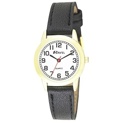 Afbeelding van Ravel Uniseks kwartshorloge voor dagelijks gebruik met minuten ti, Zwart/Goud, Womens 27mm case, strap