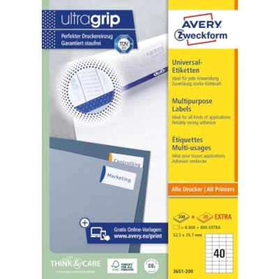 Afbeelding van Avery Zweckform 3651 2, Universele Etiketten, Ultragrip, Wit, 200 Vel, 40 Per Ft 52,5 X 29,7 Mm Etiket