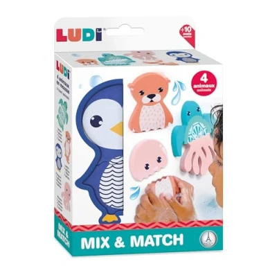 Afbeelding van LUDI Mix &amp; Match badspeelgoed 4 dieren van schuim om in elkaar te zetten verwisselbare onderdelen drijvend vanaf 10 maanden bad spelen 1 schildpad, octopus, pinguïn