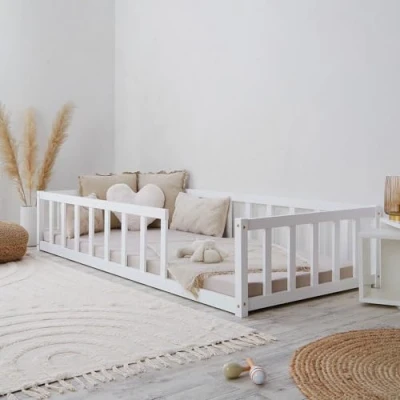 Afbeelding van Homestyle4u 2523 Montessori vloerbed voor kinderen, met valbescherming, lattenbodem, 90 x 200 cm, wit