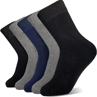 Afbeelding van Hocerlu 5 paar warme sokken voor heren, winter, dikke wollen sokken, zacht, klassieke thermische geschikt dagelijks gebruik, skiën, werk buiten, maat 39 45, 2 Zwart/2 Grijs/1 Blauw