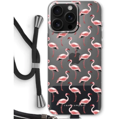 Afbeelding van Case Company® hoesje met Koord geschikt voor iPhone 16 Pro Max Flamingo Telefoonhoesje Zwart Bescherming aan alle Kanten en Over de Schermrand