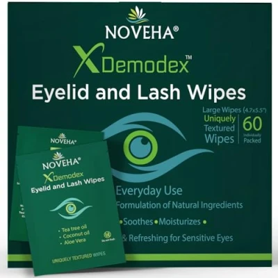 Afbeelding van NOVEHA Demodex Ooglid en wimperdoekjes, doos met 60 extra sterke reinigingsdoekjes, afzonderlijk verpakt, bestrijdt jeuk oogirritatie in verband
