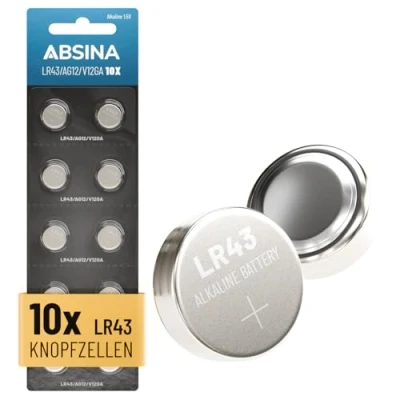 Afbeelding van ABSINA 10 stuks AG12 LR43 alkaline knoopcellen, 1,5 V, lekvrij, lange levensduur, LR 43/186 / LR1142 L1142 V12GA GPA76 RW84