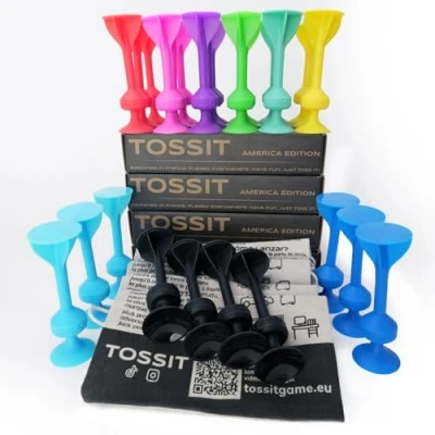 Afbeelding van TOSSIT Dartpijlen met zuignap, petanque voor binnen en buiten, vloer muur, sterke duurzame siliconen, familiepakket, 4 sets, rood cyaan roze, blauw paars, groen blauw, geel