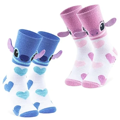 Afbeelding van Disney Damessokken, 2 paar antislipsokken, Stitch en engel, roze, blauw, harten, Roze blauw harten