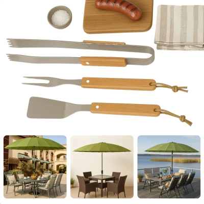 Afbeelding van Cheqo® BBQ Accesoires Gereedschap Set 3 delig RVS Barbecue Accessoires Tang Vork Spatel