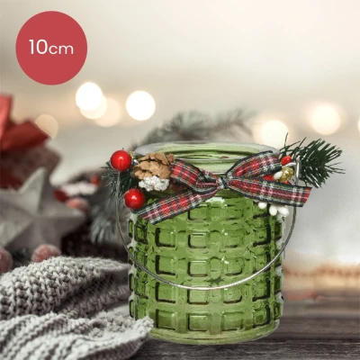 Afbeelding van Groene glazen waxinelichthouder met geblokt patroon en versiering Ø8 x 10 cm kerstdecoratie kerst luxe theelichthouder voor kaarsjes