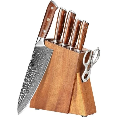 Afbeelding van Luxe en Professionele 7 delige Keukenmessen set van Damascus Staal (67 lagen, VG10) Woestijn ijzerhouten handgrepen incl. Acaciahouten Messenblok B13D
