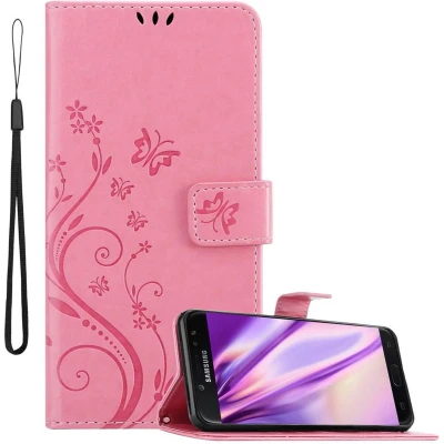 Afbeelding van Cadorabo Hoesje geschikt voor Samsung Galaxy J7 2018 in BLOEMEN ROZE Beschermhoes bloemmotief met magnetische sluiting, standfunctie en kaartsleuven Book Case Cover Etui