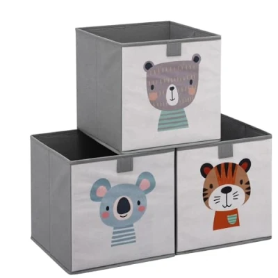 Afbeelding van Navaris opbergdozen voor kinderen Set van 3 opbergboxen met treklus 28 x cm Opvouwbaar Opbergmanden in beige dierenmotief