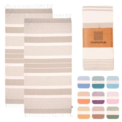 Afbeelding van MOMOMUS Set van 2 Foutas XL 100% katoen, ultrazacht, absorberend, pareo, grote strandhanddoek voor strand, sauna en zwembad, beige, 90 x 180 cm